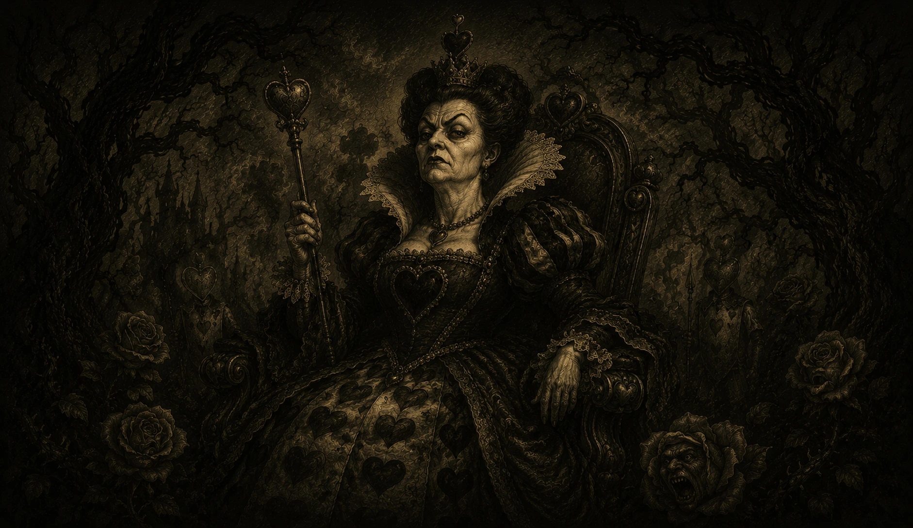 The Queen of Hearts on her throne